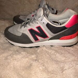 New Balance Gray, White & Coral Retro 574 Sneakers
